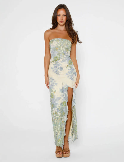 Marceline | Strapless Ruffle Slit Maxi Dress